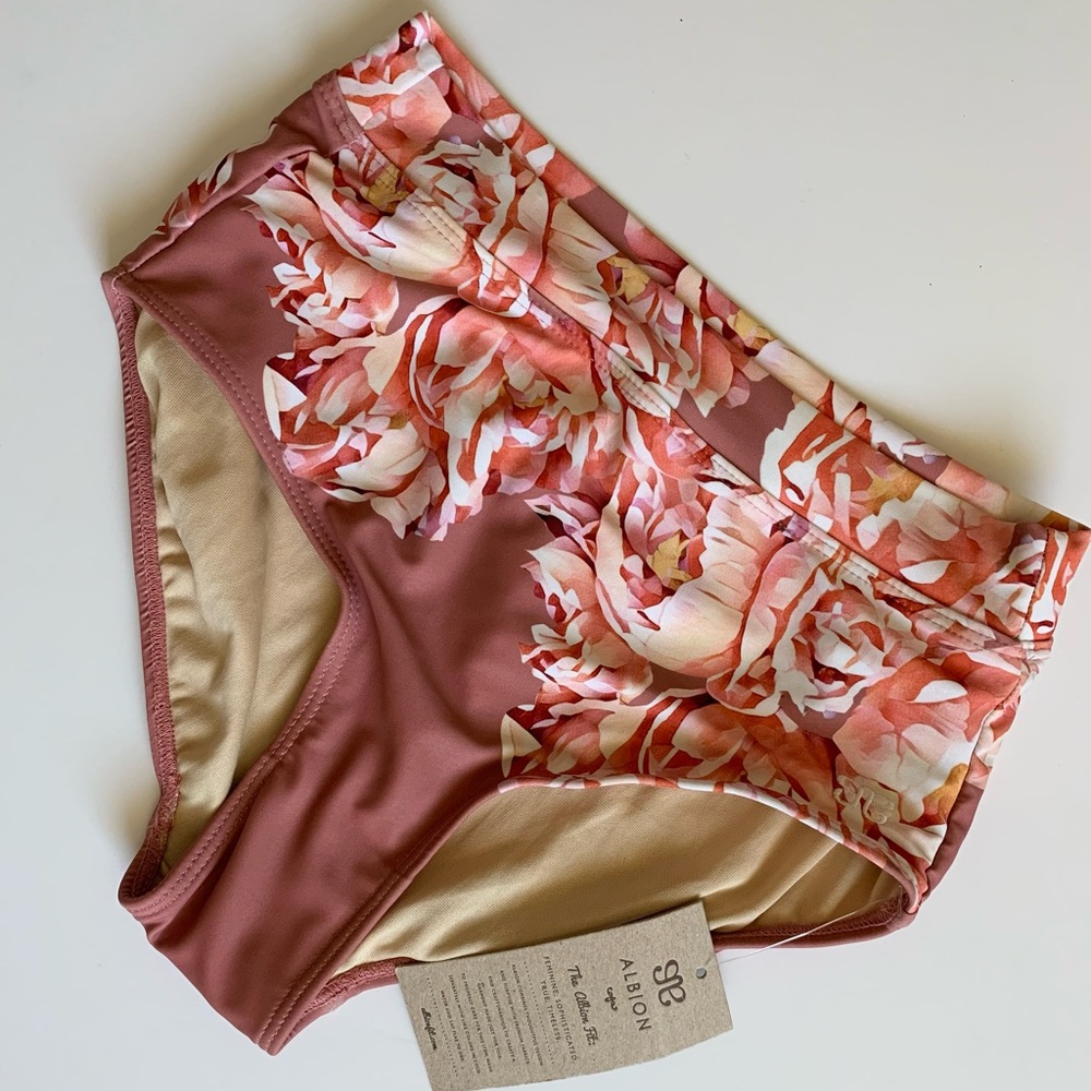 Albion garden rose high waisted bikini swimsuit bottom dusty rose pink floral